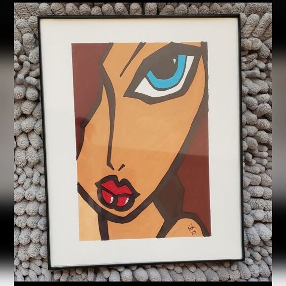 Blue Eyed Girl - Painting 8"x 10" Acrylic & Ink -  Original Signed Art Framed - Picture 1 of 3